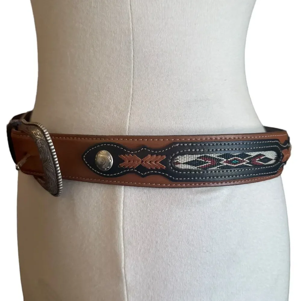 Wrangler Southwestern Tooled Stitched Leather Belt